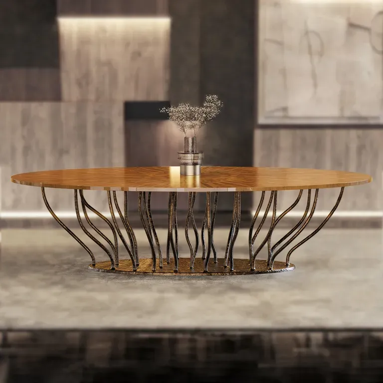Mesa de jantar Allana com tampo em nogueira e base em cor latão