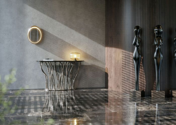 Allana console table with bronze color finish and portoro bercciato marble top