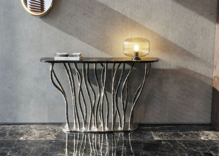 Allana console table with bronze color finish and portoro bercciato marble top