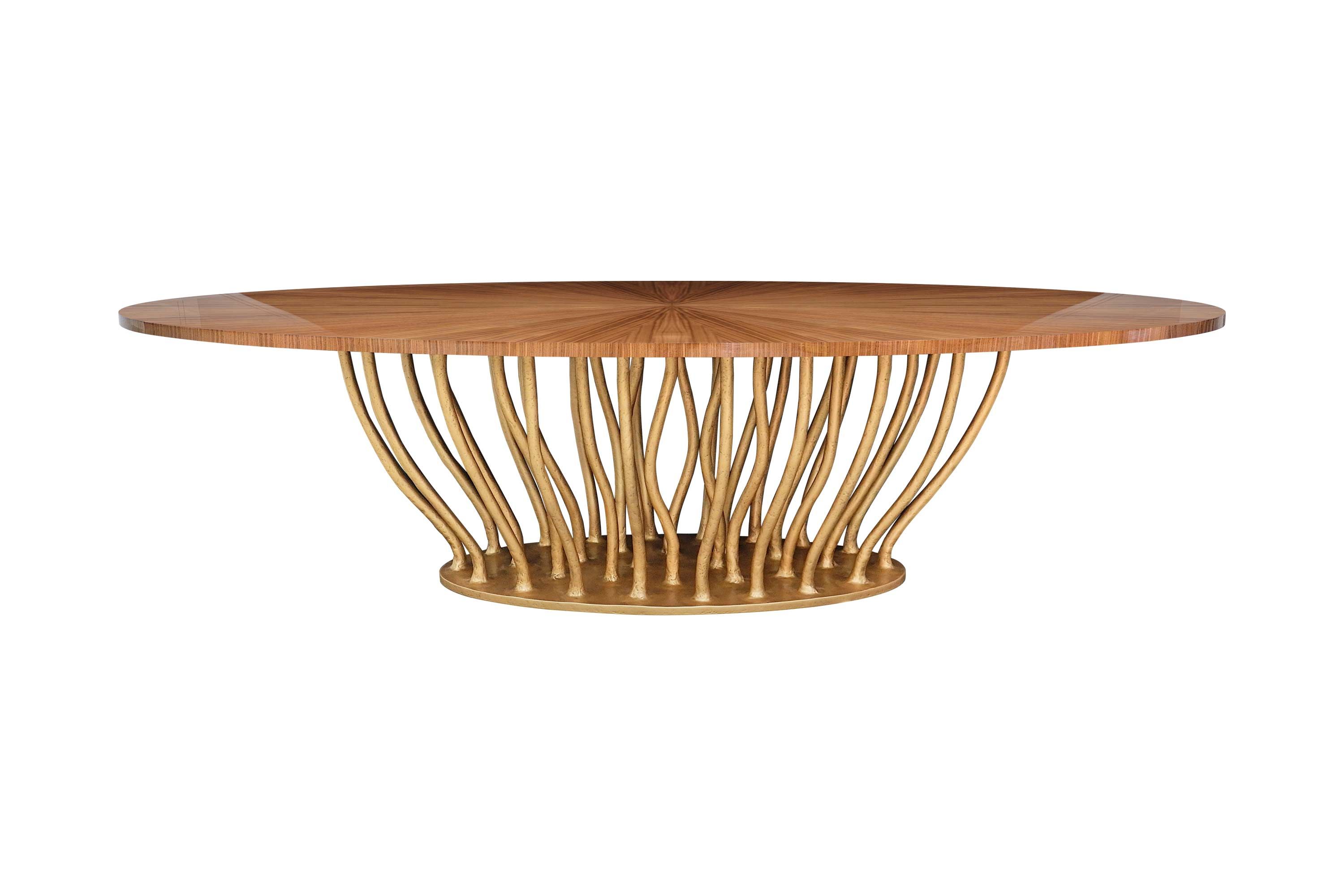 Allana dining table with gold finish and sunburst walnut top